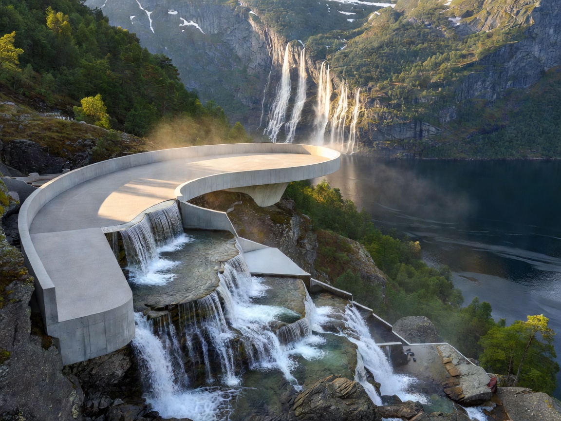 Architectural water cascade and curved concrete viewing platform at Ornesvingen looking toward Seven Sisters waterfall