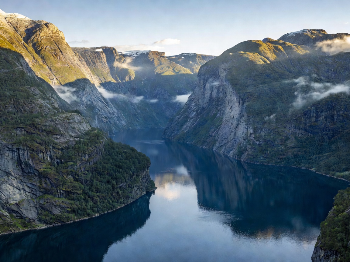 Cinematic panoramic view across Geirangerfjord with sheer mountain cliffs and calm deep blue water