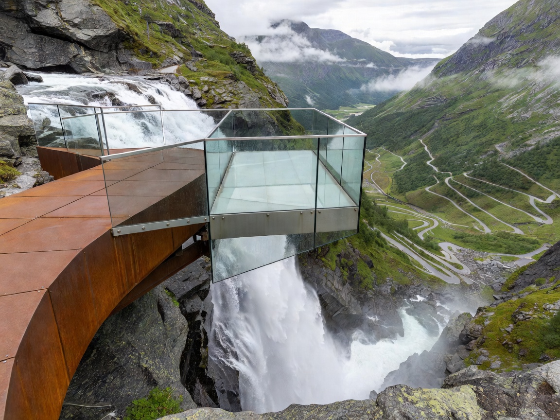 Corten steel ramp and glass balcony cantilevered over the Stigfossen waterfall and Trollstigen valley switchbacks