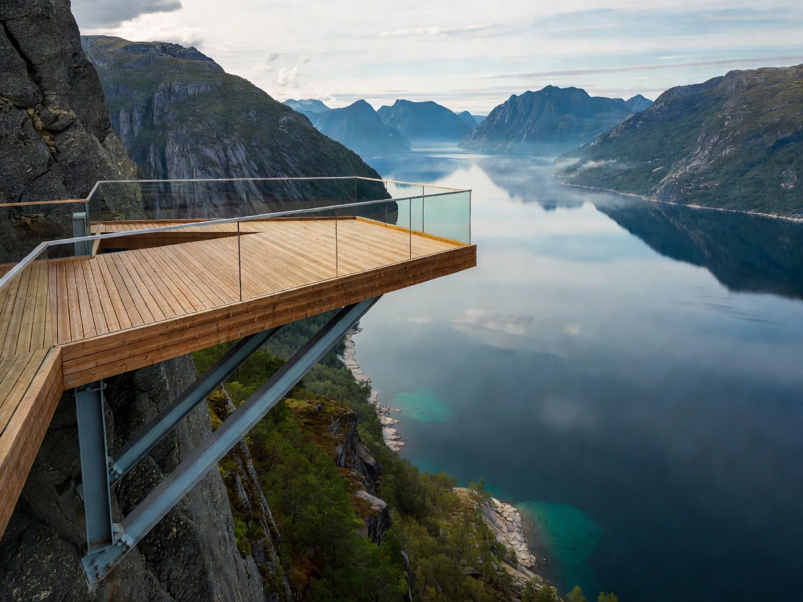 Laminated pine and steel viewing platform of Stegastein protruding high over the glassy waters of Aurlandsfjord