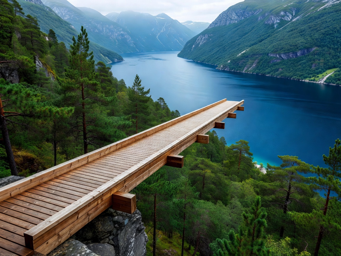Laminated timber footbridge extending out over steep green pine forest and blue waters of Aurlandsfjord