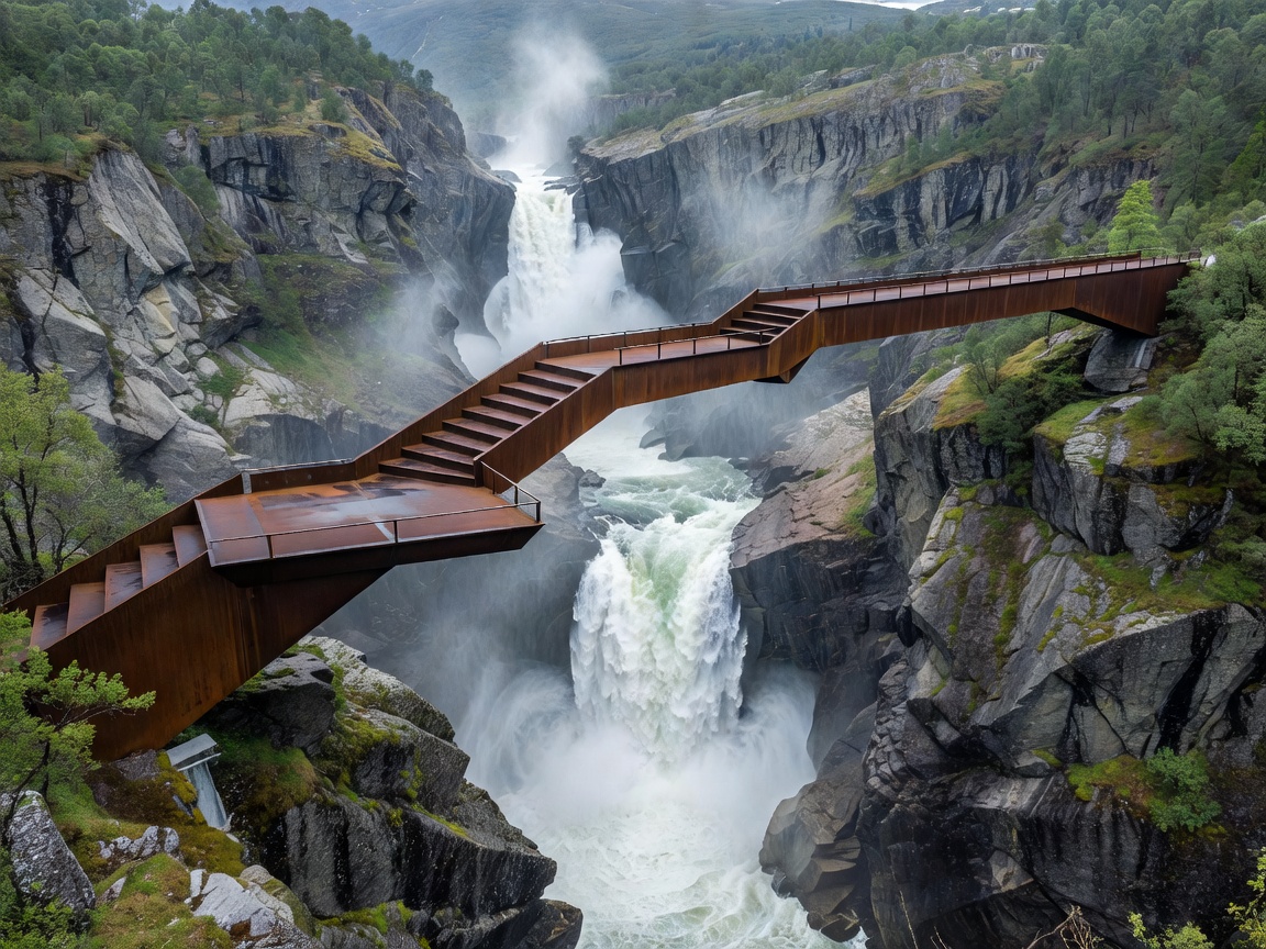 Step bridge over the deep Måbødalen canyon above Vøringsfossen waterfall in Hardanger