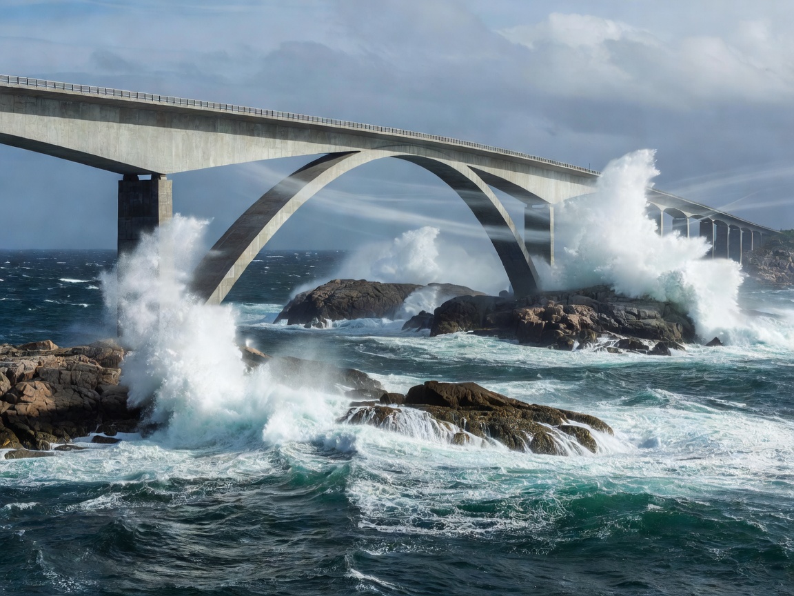 The architectural curve of Storseisundet Bridge vaulting across rocky skerries on the Atlantic Ocean Road
