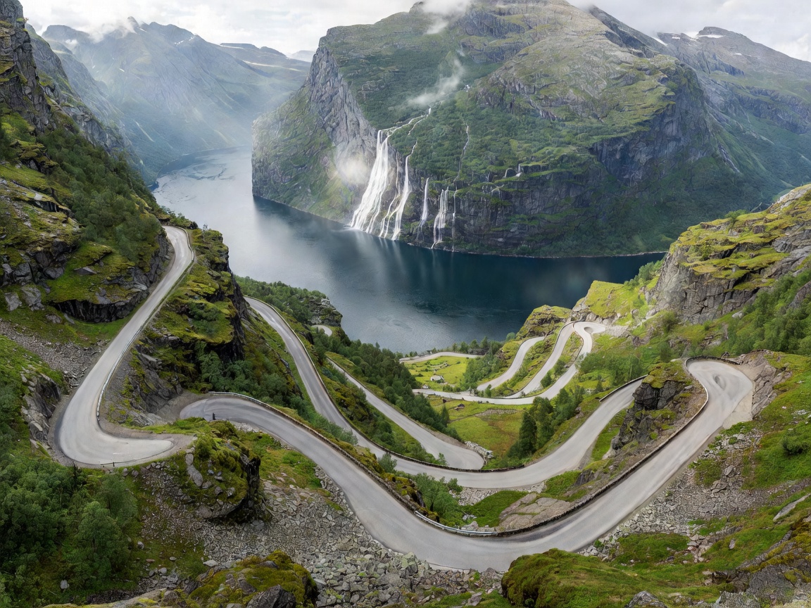 The steep hairpin curves of Eagle Road descending toward Geirangerfjord with cascading Seven Sisters waterfall across the water